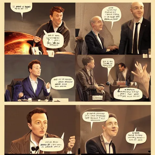 Prompt: comic scene of elon musk, mark zuckerberg, jeff bezos, in meeting together, very detailed, art contest winner on behance, trendy on deviant art, by artgem, stanley lau, craig mullins