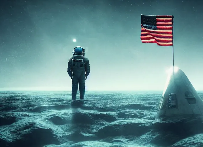 Image similar to astronaut holding a flag in an underwater desert. a submarine is visible in the distance. dark, concept art, cinematic, dramatic, atmospheric, 8 k, trending on artstation, blue, fish, low visibility, fog, ocean floor, christopher nolan, interstellar