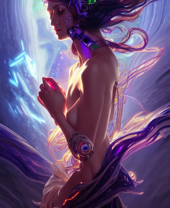 Image similar to a whirlwind of souls rushing inside the metaverse, half body, glowin eyes, tiara with sapphire, pharaoh, android, cyberpunk, d & d, fantasy, intricate, elegant, highly detailed, colorful, vivid color, digital painting, artstation, concept art, art by artgerm and greg rutkowski and alphonse mucha and ruan jia