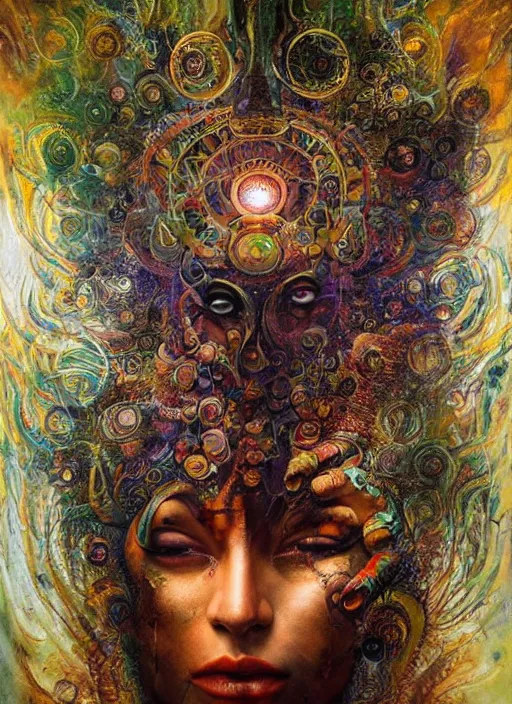 Image similar to ayahuasca ritual with shamans, painted face, third eye, energetic consciousness psychedelic, dmt, epic surrealism expressionism symbolism, perfect, by karol bak, louise dalh - wolfe, pablo amaringo, masterpiece