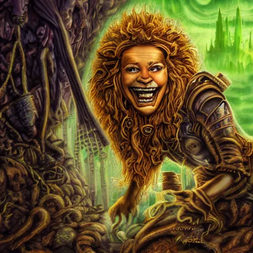 Prompt: detailed fantasy painting of steampunk Cowardly Lion from Wizard of Oz hiding from people in the Emerald City, 8k resolution