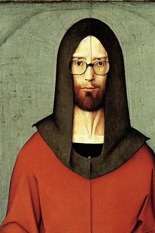 Prompt: portrait of a young handsome brown-haired bearded man with ray-ban glasses wearing hoodie by hieronymos bosch