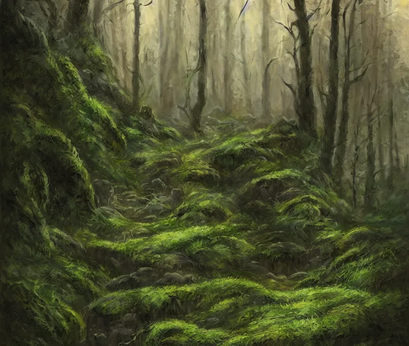 Prompt: most epic landscape, epic cinematic hyperrealism masterpiece. realistic poster with shaded lighting by craig mallismo, artgerm, jeremy lipkin and michael garmash, unreal engine, radiant light, detailed and complex environment, digital art, art station trends, environmental portrait, low angle, 3 5 mm, forest path, misty, vines, fern, moss