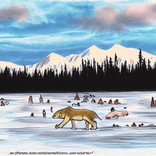 Image similar to illustration of an alaskan wildness just before darkness