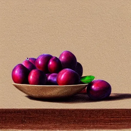 Image similar to drawing of a single bowl filled with a few moist freshly picked plums on a wooden table. painting, illustration, volumetric lighting, detailed, small scale, art, trending on artstation.