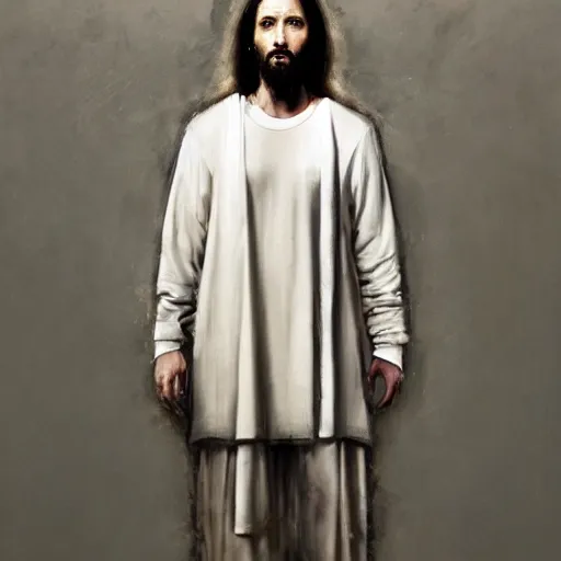 Image similar to a full body lookbook portrait of modern - day jesus wearing cream yeezy and fear of god menswear collection by nicola samori, detailed, oil painting, hyper - realistic, 8 k, yeezy collection