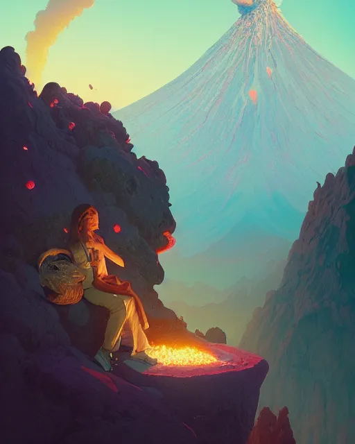 Image similar to highly detailed surreal vfx portrait of a sacred volcano, stephen bliss, unreal engine, greg rutkowski, loish, rhads, beeple, makoto shinkai and lois van baarle, ilya kuvshinov, rossdraws, tom bagshaw, alphonse mucha, global illumination, detailed and intricate environment