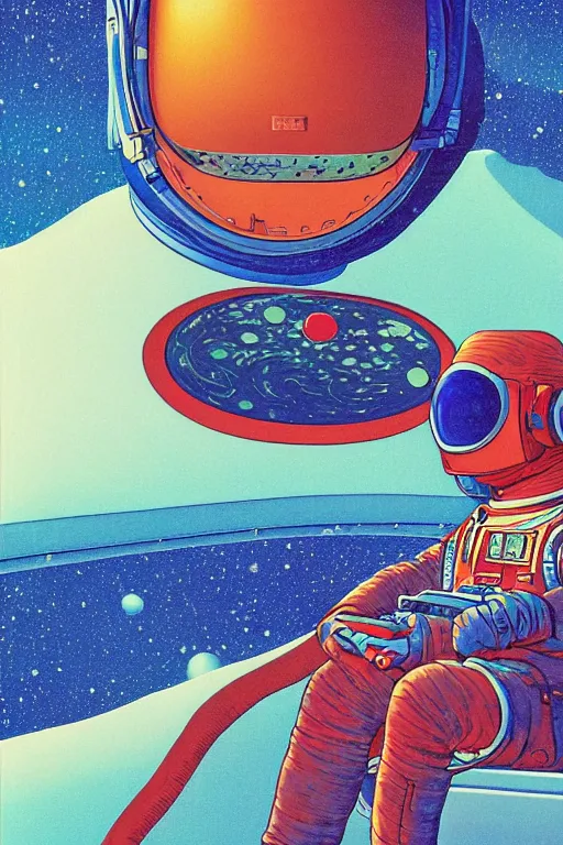 Prompt: a closeup portrait of an astronaut sucking a blotter paper of lsd acid and dreaming psychedelic hallucinations in the vast icy landscape of antarctica, by kawase hasui, moebius and edward hopper, colorful flat surreal design, hd, 8 k, artstation
