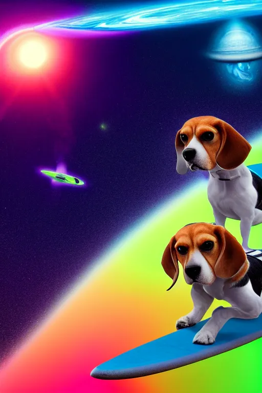 Prompt: beagle dog surfing a surfboard on a crashing l wave of alien ocean in space, background is 👽, aliens in the background, alien neon colors, octane render, unreal engine, wide view, 8 k, highdetaild