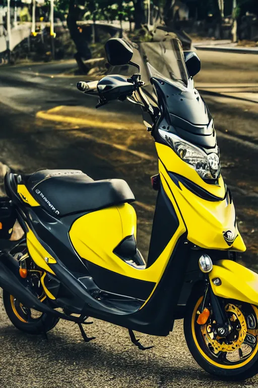 Prompt: photo of suzuki hayate ss with black and yellow paintjob, vietnam traffic background, golden hour, 5 6 0 ccm, race style, custom scooter, dslr, 8 5 mm, f / 1. 3