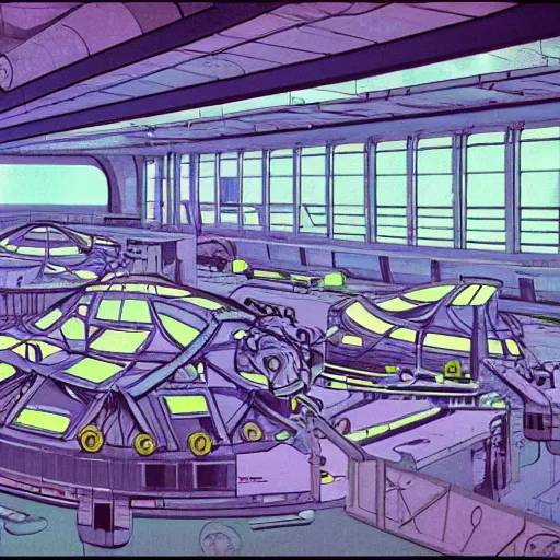 Image similar to a scifi illustration, factory interior. seen from above in FANTASTIC PLANET La planète sauvage animation by René Laloux