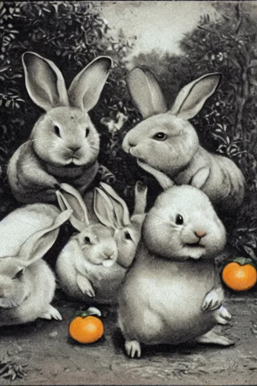 Image similar to fat rabbits with oranges vintage photograph