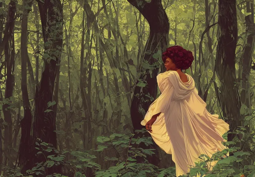 Prompt: a black woman seen from behind from far away with flowing hair and a flowing sundress dreaming in a forest, fine details by realistic shaded lighting poster by ilya kuvshinov katsuhiro otomo, magali villeneuve, artgerm, jeremy lipkin and michael garmash and rob rey, art nouveau, alphonse mucha, william - adolphe bouguereau, golden hour