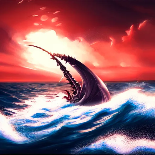 Prompt: in the style of artgerm, a LARGE SEA DRAGON attacking a BOAT, rough seas, night, lighting, cinematic lighting