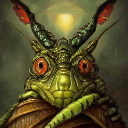 Prompt: a large grasshopper with a huge fungus as a head, fantasy art