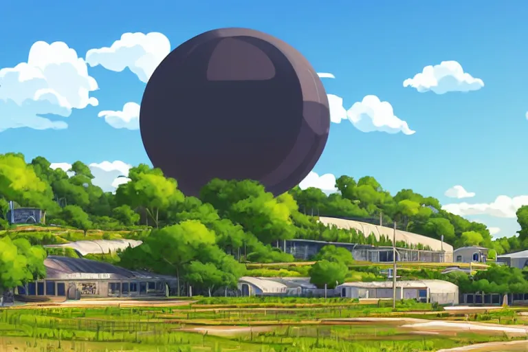 Prompt: a big factory with a spherical architecture designed by boeing military on a hill in a beautiful landscape of the french countryside during spring season, painting by toei animation backgrounds hd and city hunter anime backgrounds hd and a few vector illustration touch, nice lighting, soft and clear shadows, low contrast, perfect