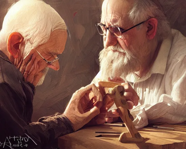 Image similar to a tired old man painting a wooden doll, deep focus, d & d, fantasy, intricate, elegant, highly detailed, digital painting, artstation, concept art, matte, sharp focus, illustration, hearthstone, art by artgerm and greg rutkowski and alphonse mucha