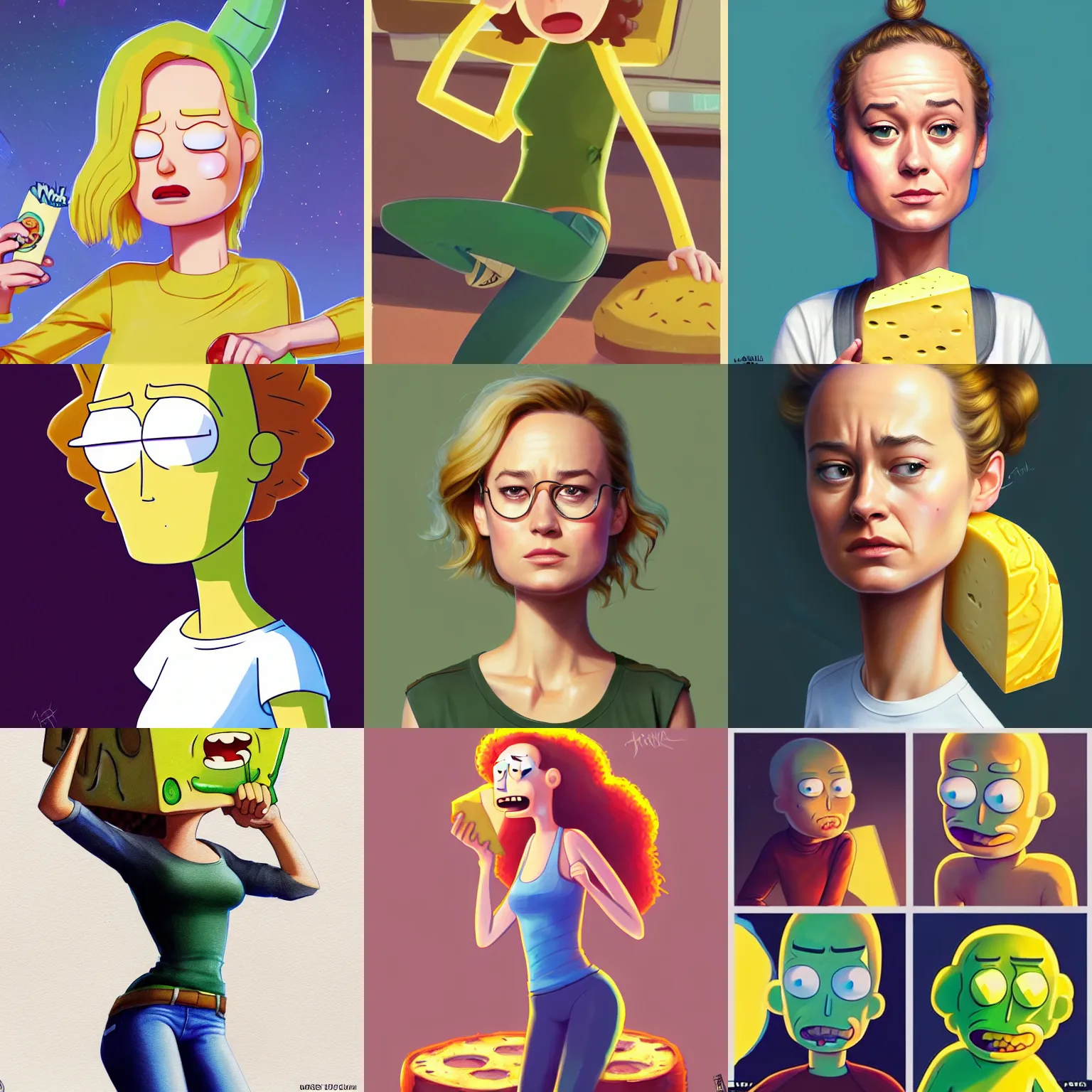 Prompt: brie larson is a giant block of cheese, cheese head, rick and morty pickle rick, animation pixar style, shaded lighting poster by magali villeneuve, artgerm, jeremy lipkin and michael garmash, rob rey and kentaro miura style, trending on art station