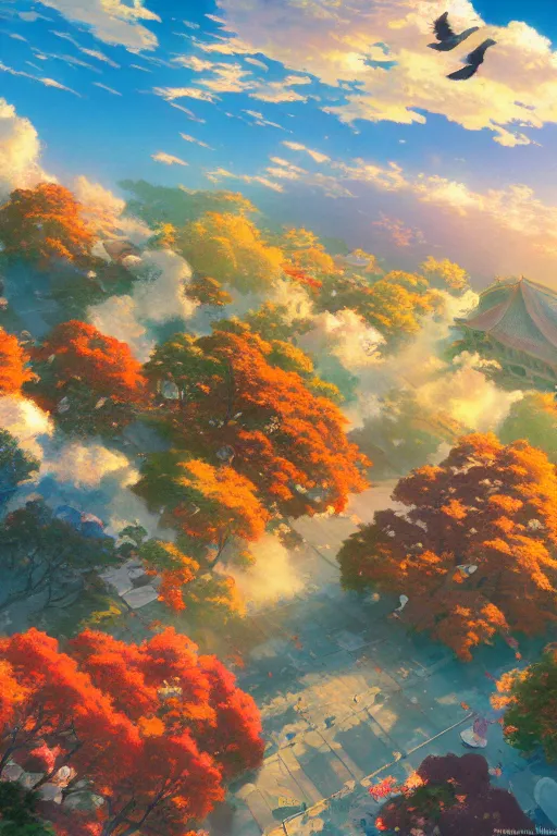 Prompt: aerial anime illustration of autumn beijing, morning light, birds, buildings, flowers, blue sky, cumulus clouds, by makoto shinkai thomas kinkade, james gilleard, wide angle, deviantart, very clear, cgsociety, 4 k vertical wallpaper