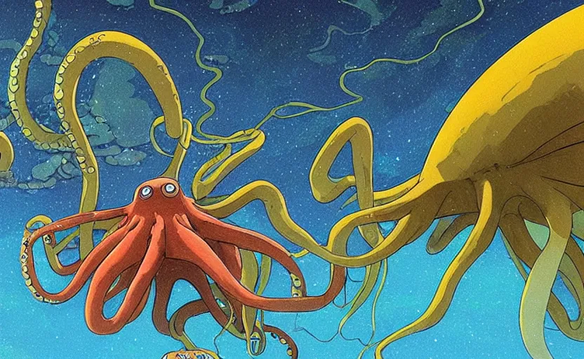 Image similar to a realistic cell - shaded studio ghibli concept art from paprika ( 2 0 0 6 ) of a flying intelligent multi - colored octopus from close encounters of the third kind ( 1 9 7 7 ) and a dimensional portal to another world in a flooded forest valley on a misty starry night. very dull colors, wide shot, hd, 4 k, hq