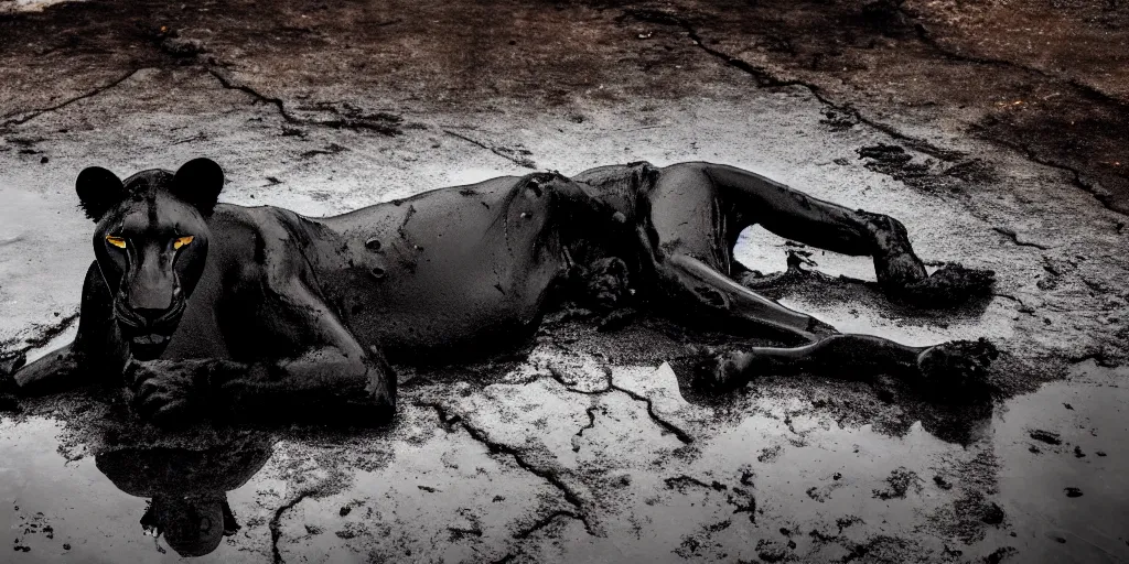 Prompt: the black lioness made of tar, dripping tar, dripping goo, sticky black goo, laying on their back bathing in the pit filled with tar, dripping goo, sticky black goo. photography, dslr, reflections, black goo, rim lighting, cinematic light, tar pit, chromatic