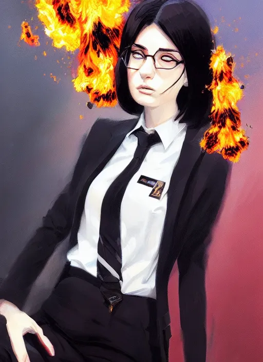 Prompt: a ultradetailed beautiful panting of a stylish woman wearing a shirt with a tie, she has black hair, bored, background firey explosion and riots, by ashley wood, ilya kuvshinov, greg rutkowski on artstation