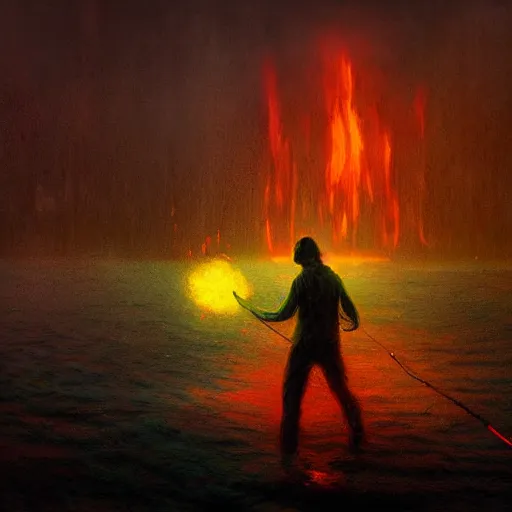 Image similar to UHD photorealistic Cosmic Zombie fishing in a radioactive lake of fire, in the style of tonalism by Greg Rutkowski, trending on Artstation, hyperrealistic, correct details, accurate face