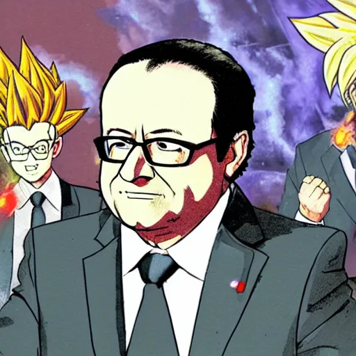 Image similar to François hollande transforming into super saiyan, drew by akira toryama