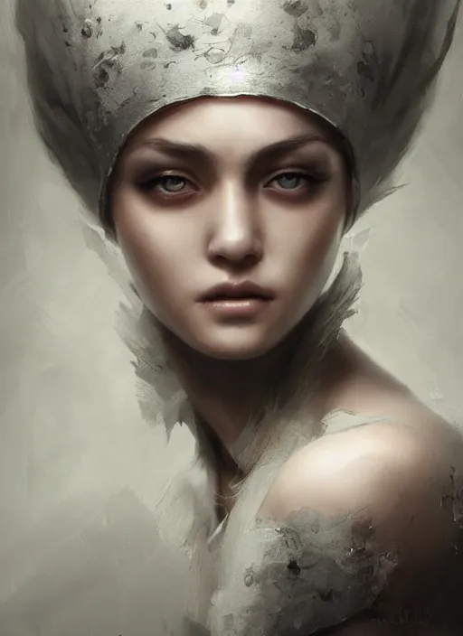 Prompt: girl with short white hair, tattered grey cloak, metallic asian conical hat, beautiful highly detailed face, beautiful painting by artgerm and greg rutkowski and raymond swanland