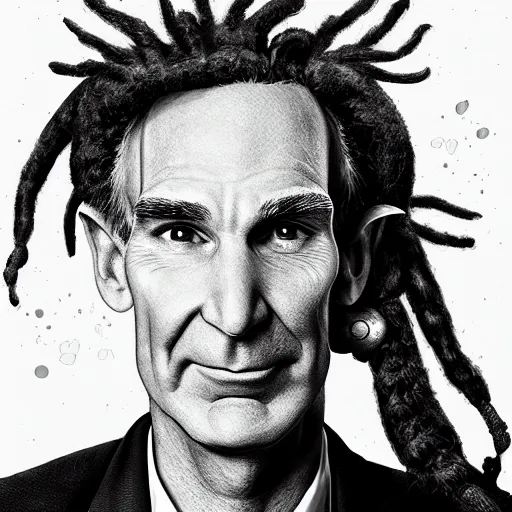 Image similar to portrait of bill nye with dreadlocks, cyberpunk setting, futuristic, highly detailed, intricate lighting, digital painting, sharp focus, illustration, trending on artstation, art by magali villenueve