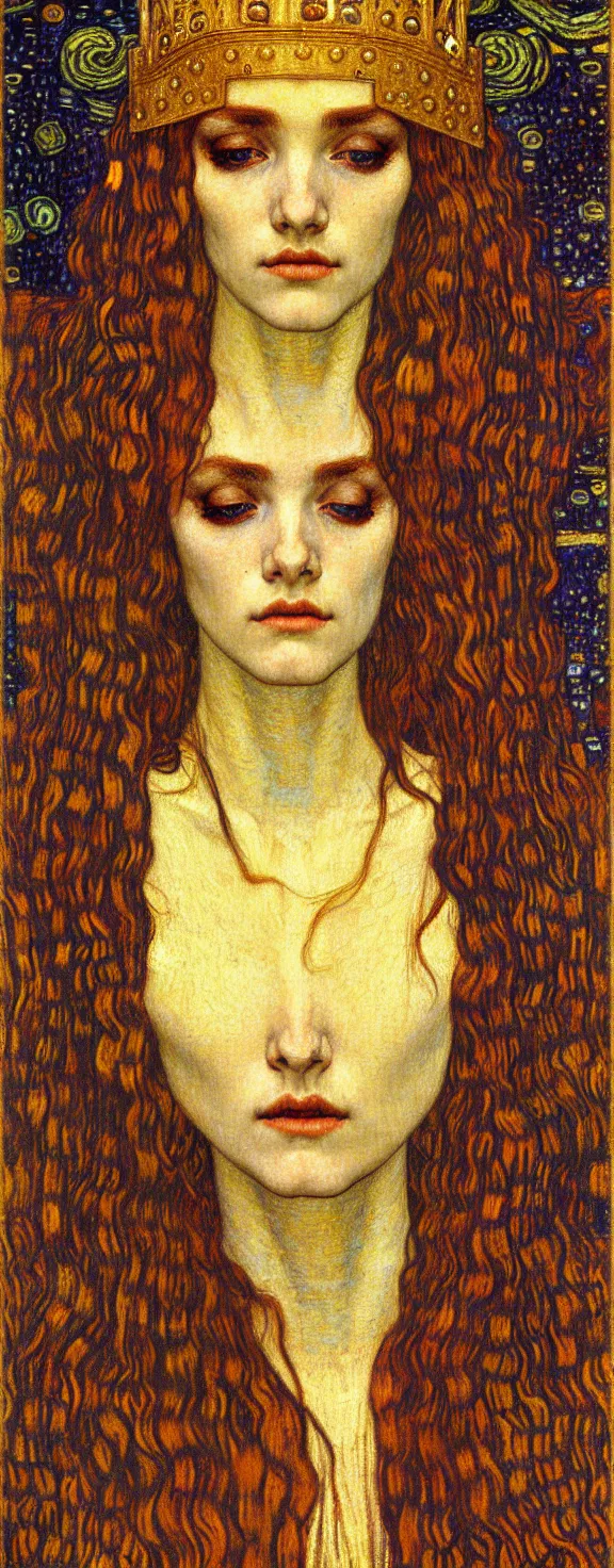 Image similar to detailed realistic beautiful young medieval queen face portrait by jean delville, gustav klimt and vincent van gogh, art nouveau, symbolist, visionary, gothic, pre - raphaelite, muted earthy colors, desaturated