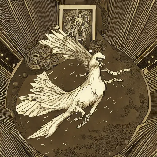 Image similar to precisely drawn illustration of anime flying griffon, old-fashioned tarot card, victorian playing card, sepia tone, wide angle, sharp, fine details, anime, manga, cyberpunk, intense line art, 8k, precise linework, realistic, shaded lighting by katsuhiro otomo ghost-in-the-shell, magali villeneuve, artgerm, rutkowski Jeremy Lipkin and Giuseppe Dangelico Pino and Michael Garmash and Rob Rey