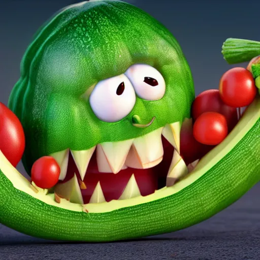 Image similar to detailed 3 d render of an angry zucchini character chasing a tomato figure with a knife in hand, hyper realistic octane render, dramatic scene, nightmare, surrealism, pixar, disney, cartoon