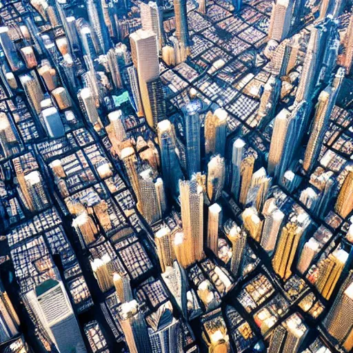 Image similar to Birds eye view of a metropolis at night, rectangular city grid with narrow streets, tall brutalist architecture buildings, city lights spilling upwards above the top of the buildings,