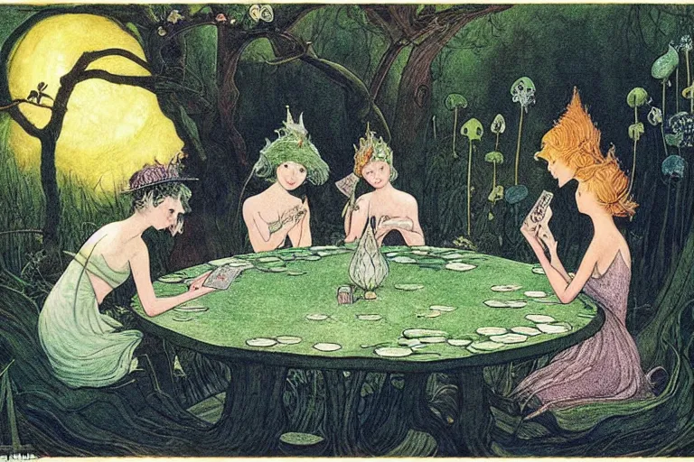 Prompt: a group of gracious fairies playing cards on a table in an atmospheric moonlit forest next to a beautiful pond filled with water lilies, artwork by ida rentoul outhwaite