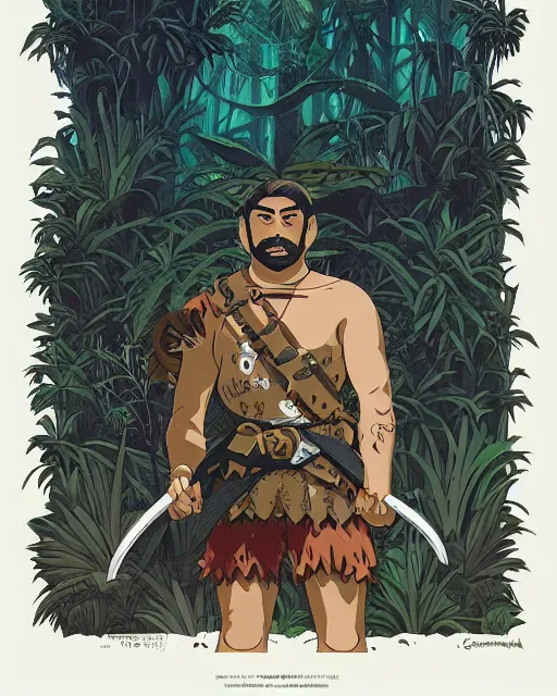 Image similar to portrait of barbaric spanish conquistador in a dense jungle, symmetrical, by yoichi hatakenaka, studio ghibli and dan mumford