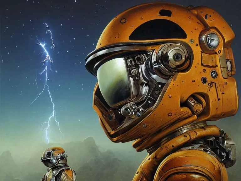 Image similar to a detailed profile oil painting of a lone shock trooper in a spacesuit with reflective helmet, technology flight suit, bounty hunter portrait symmetrical and science fiction theme with lightning, aurora lighting clouds and stars by beksinski carl spitzweg and tuomas korpi. baroque elements, full-length view. baroque element. intricate artwork by caravaggio. Trending on artstation. 8k