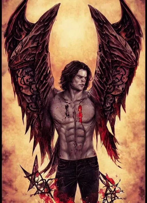 Image similar to Sam Winchester as a aesthetic muscular angel with big open wings, a cross pendant and religious tattoos on chest and neck, stained and bleeding, magic overlays, magic flames, open portal with runes in the background, romance book cover style, D&D illustration!!!!!!!, fantasy style, sharp focus, ultra detailed, art by Artgerm and Peter Andrew Jones, Ayami Kojima, Amano and Olivier Ledroit