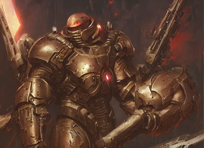 Image similar to artwork of doomslayer by dennig guy, amano yoshitaka, berkey john, bowater charlie, greg rutkowski