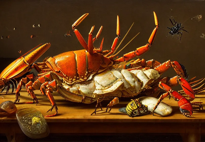 Prompt: an opulent banquet of food covered with cute, colorful, horned crabs and lobsters and scarabs. there are fireflies everywhere. reclaimed lumber, detailed and intricate environment, hyperrealism, food photography, rembrandt