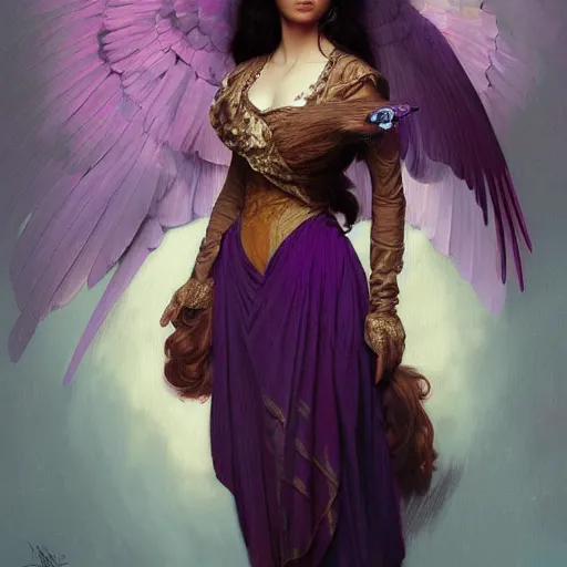 Prompt: portrait of a young girl with a dark purple parrot, upper body, long hair, intricate, elegant, highly detailed, digital painting, artstation, concept art, matte, sharp focus, illustration, art by artgerm and greg rutkowski and alphonse mucha