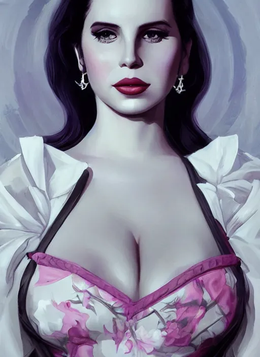 Image similar to lana del rey as a heroine with a dress inspired by american horror story, holding her chest, large bosum, digital painting, artstation, concept art, smooth, sharp focus, illustration, in - frame, centered, art by artgerm and donato giancola and joseph christian leyendecker, ross tran, wlop