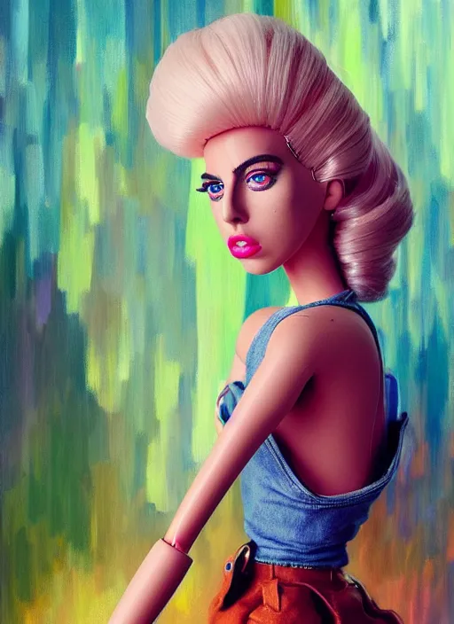 Prompt: lady gaga as a barbie doll detailed clothing jeans, half body shot, arms down, path traced, highly detailed, high quality, digital painting, alena aenami, lilia alvarado, shinji aramaki, karol bak, alphonse mucha, tom bagshaw