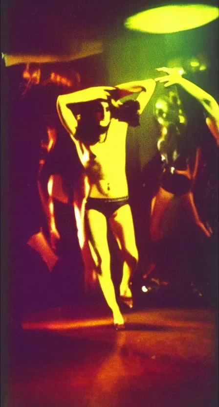 Image similar to antichrist dancing at Studio 54, disco, saturated color, high contrast, depth of field, 1976, bad vhs