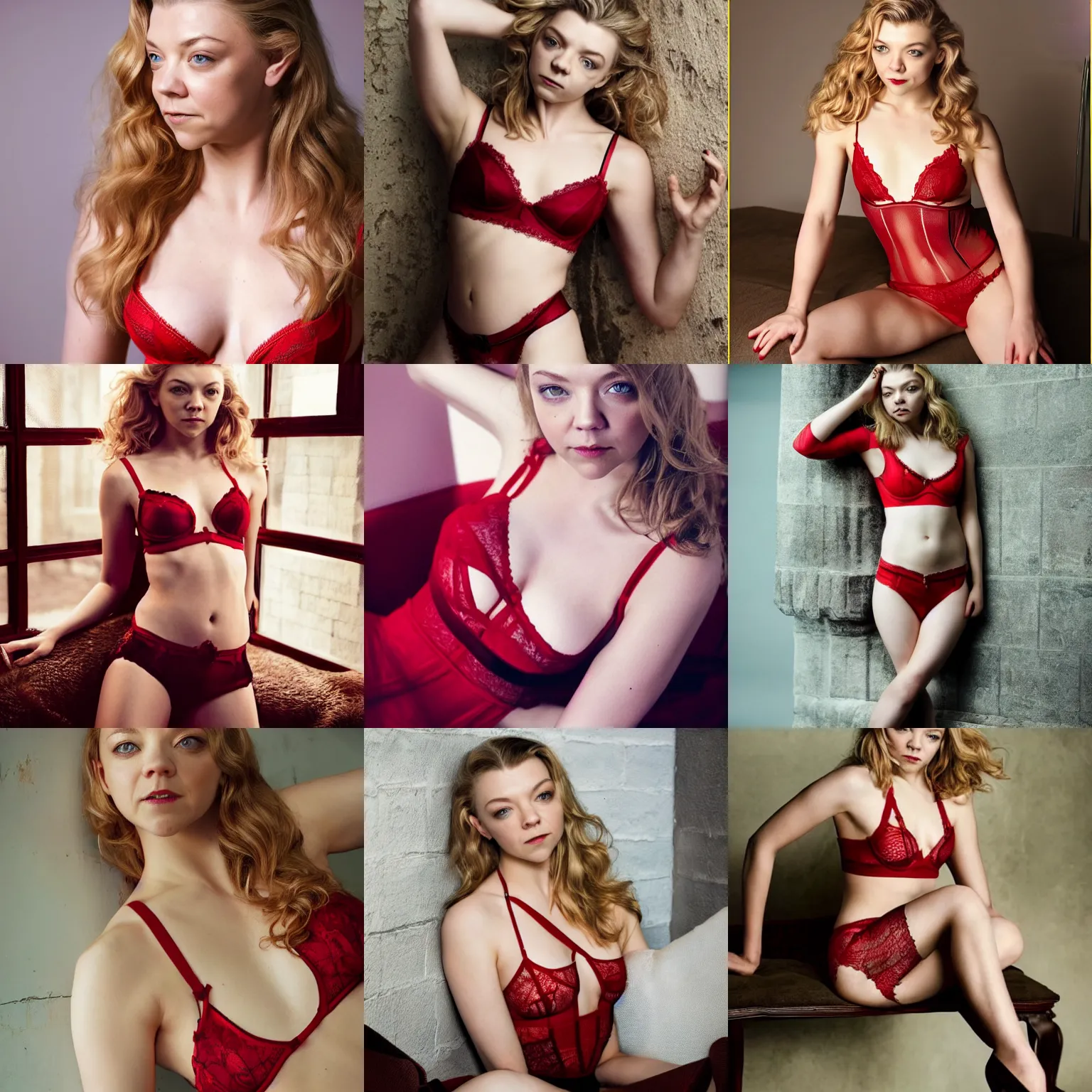 Prompt: natalie dormer beautiful red lingerie photoshoot, professional lighting