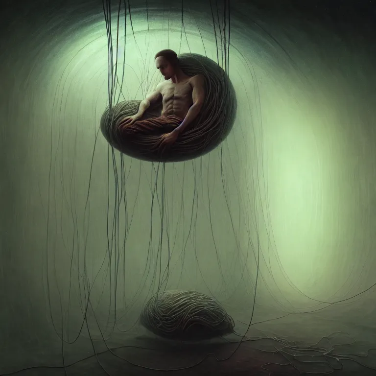 Prompt: beautiful man in spaceship interior covered with tubes wires by beksinski, soft bloom glow lucid dream - like atmosphere, baroque painting, perfect composition, detailed octane render trending on artstation, 8 k artistic photography, volumetric cinematic perfect light, chiaroscuro, masterpiece, raphael, caravaggio, beksinski, rutkowski, beeple