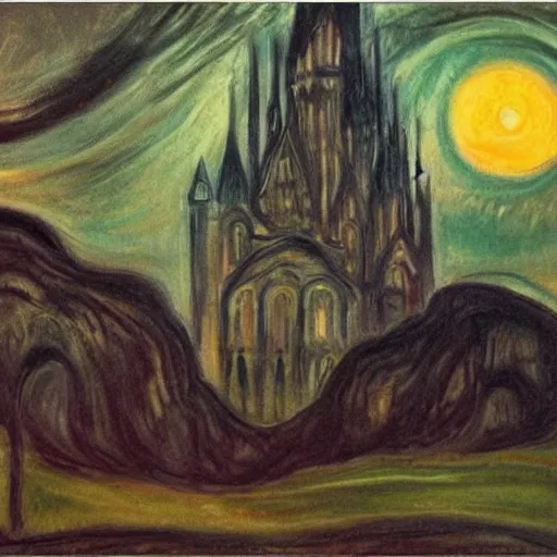 Image similar to beautiful gothic castle landscape in the style of Edvard Munch