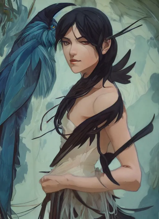 Image similar to concept art painting of a harpy with black feathers, androgynous, pirate clothes, detailed, realistic, cel shaded, in the style of makoto shinkai and james gurney and alphonse mucha and greg rutkowski and artgerm