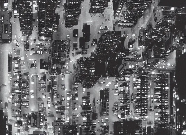 Image similar to looking up at a sprawling building complex seen from a dark parking lot in los angeles at night. 1 9 9 0 photo by james cameron