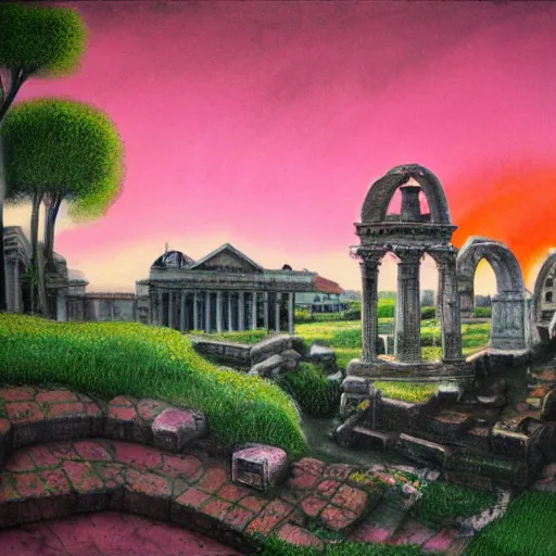 Prompt: heaven pink, bright punk, punk rock, lots of roman arches, sun, joy, clouds, sky, volumetric light, detailed, romanticism, pastel drawing, big size